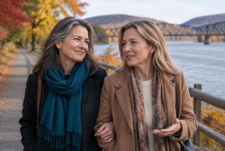 Two friends walking arm in arm on a riverside trail in autumn