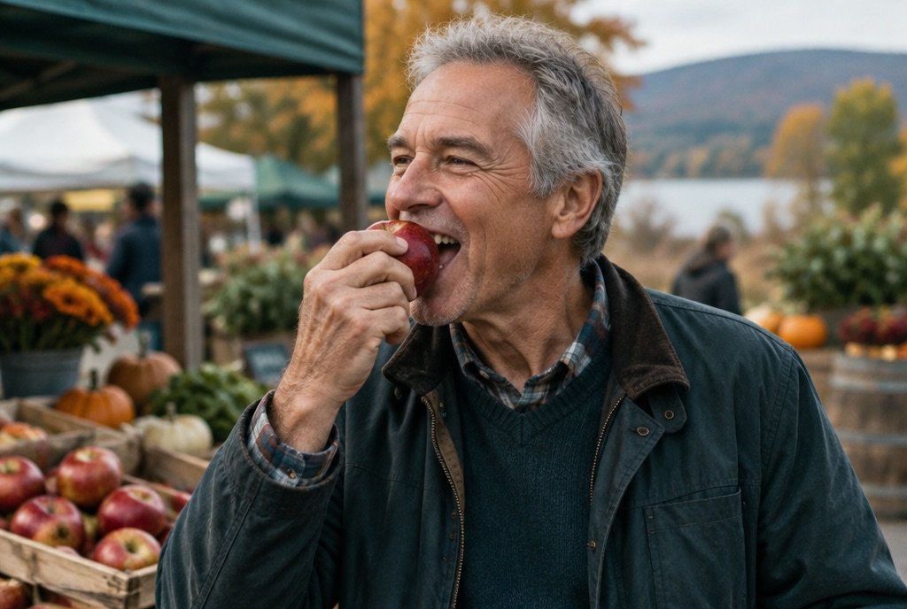 Man biting into an apple at an autumn farmers market