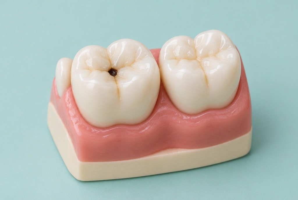 Dental model showing an early cavity on a back molar beside a healthy tooth