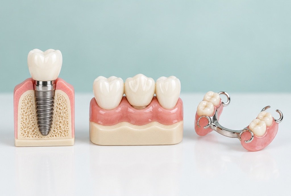 Dental models of an implant, a bridge and a partial denture