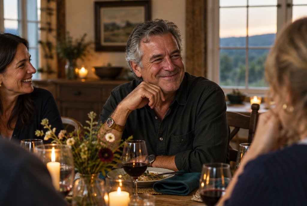 Man laughing at a dinner table with friends