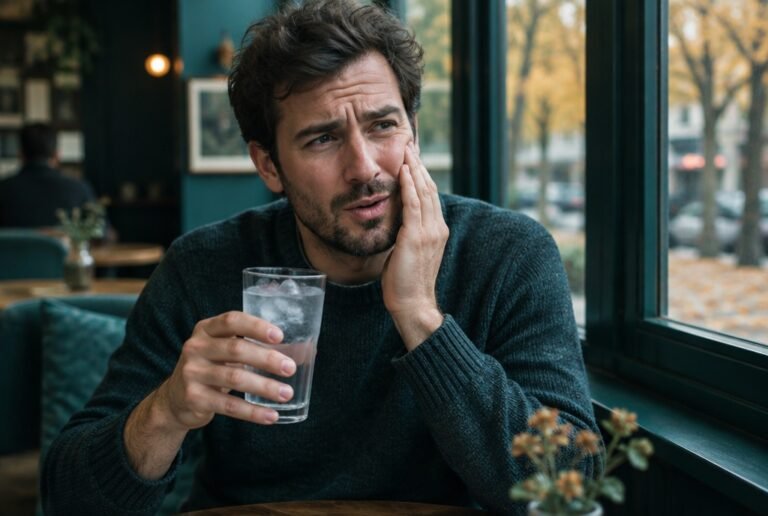 Man wincing slightly while drinking iced water at a café