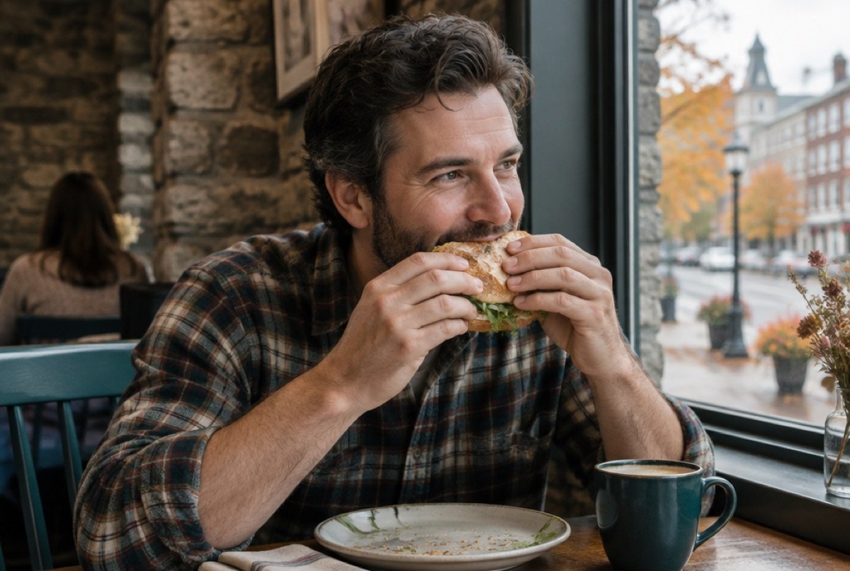 Man biting into a sandwich at a café window on an autumn street