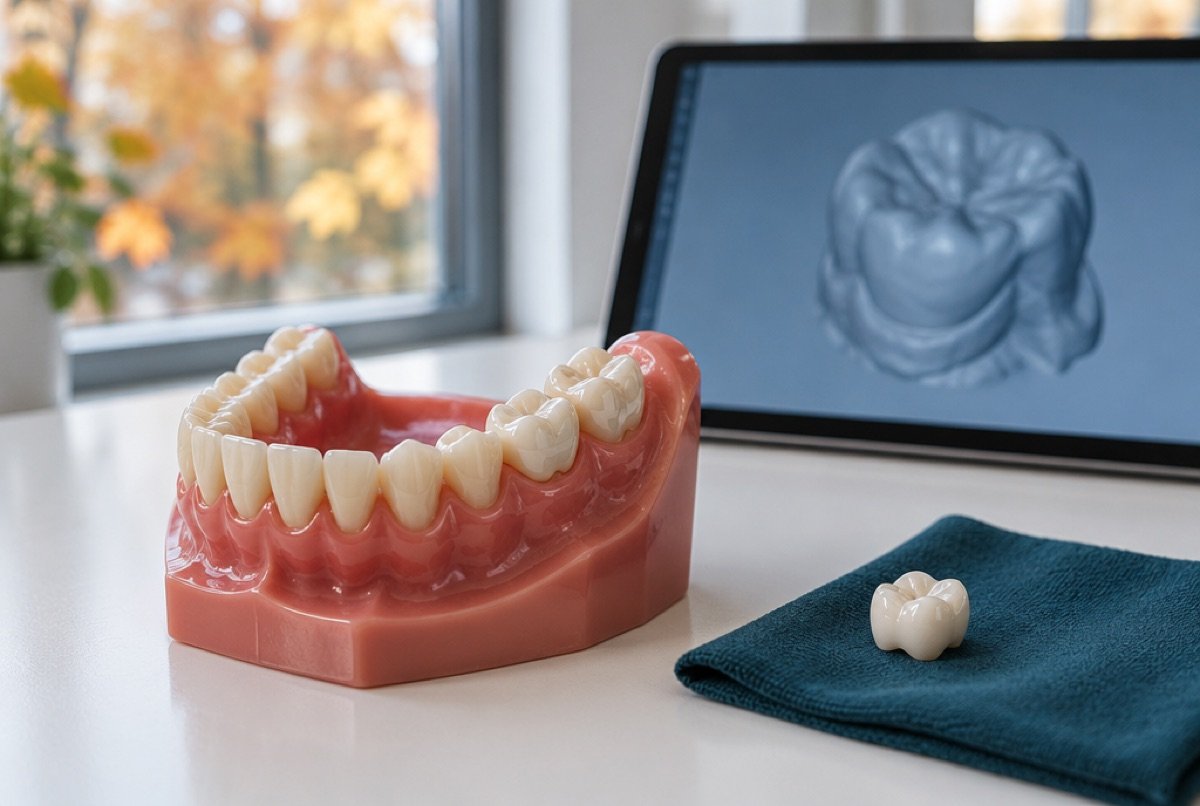 Dental model with a ceramic crown on a molar beside a loose crown and a digital scan