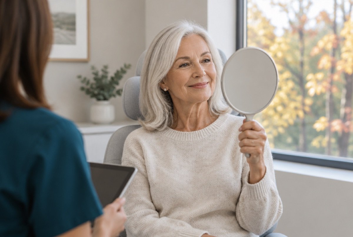 Woman smiling at her reflection in a hand mirror at a denture fitting