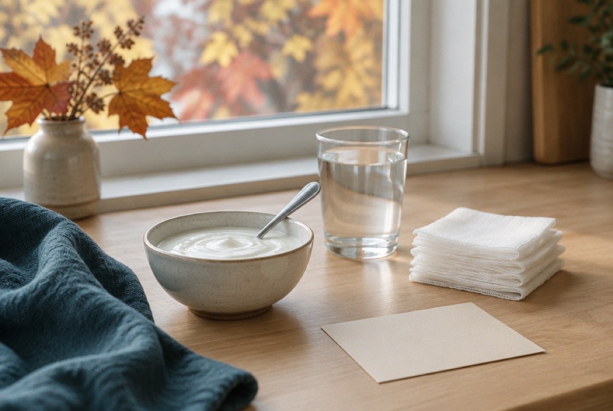 Yogurt, water and gauze set out on a kitchen counter for recovery