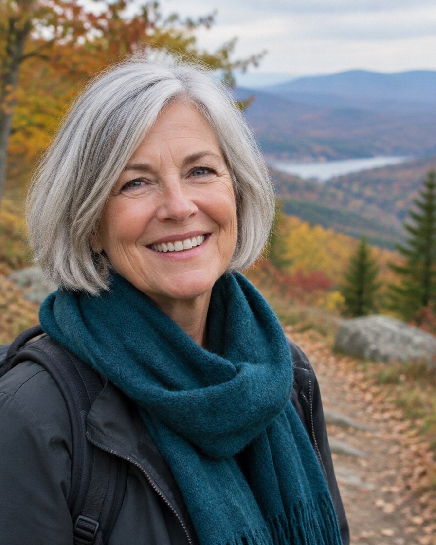 Smiling woman on an autumn trail with the Catskills behind her
