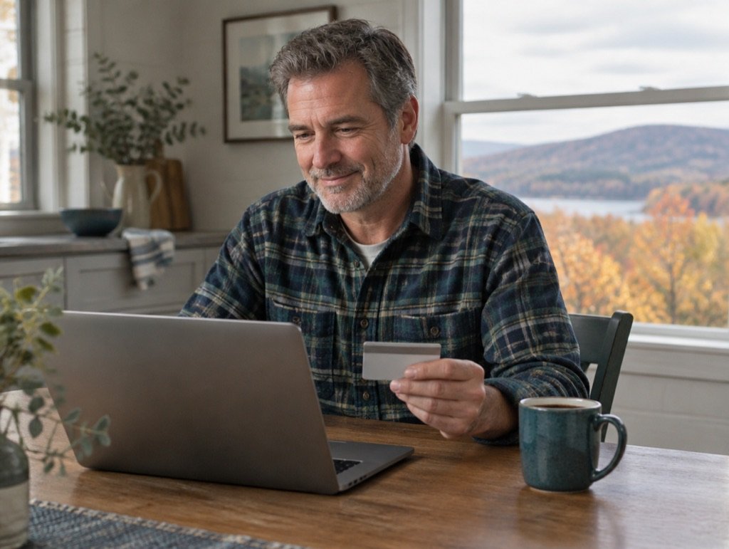 Man checking his dental benefits on a laptop at his kitchen table