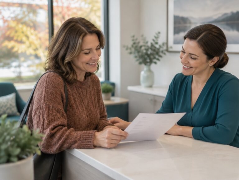 Patient looking over a written treatment estimate with the receptionist