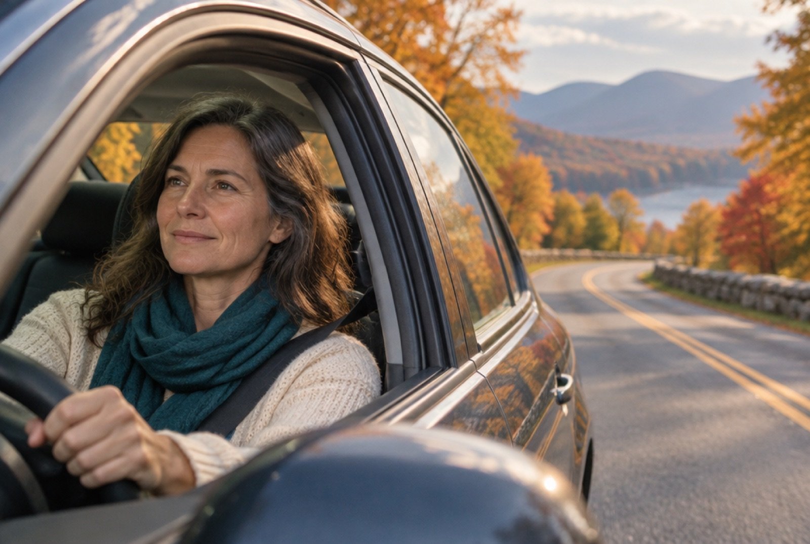 Woman driving along a Hudson Valley country road in autumn