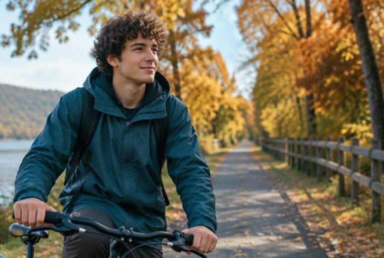 Young man with his bicycle on an autumn rail trail
