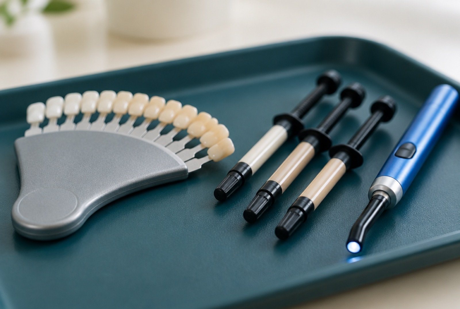 Shade guide, tooth-colored composite and a curing light on a tray
