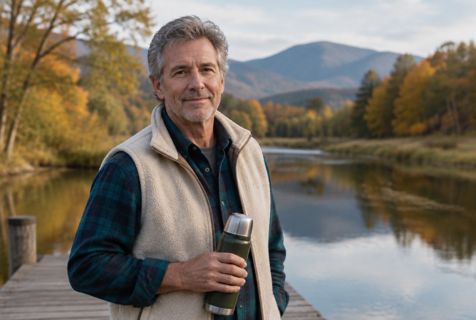 Man with a coffee thermos on a creek dock with the Catskill Mountains behind