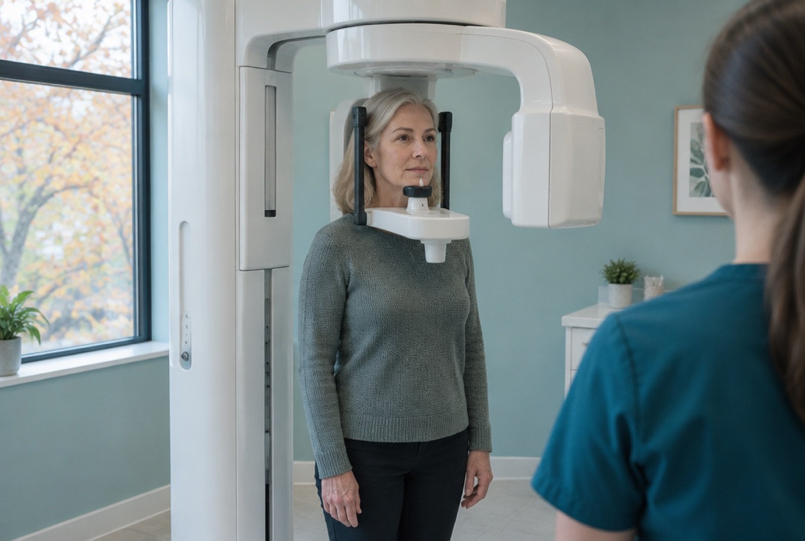 Patient standing in an open cone beam CT scanner