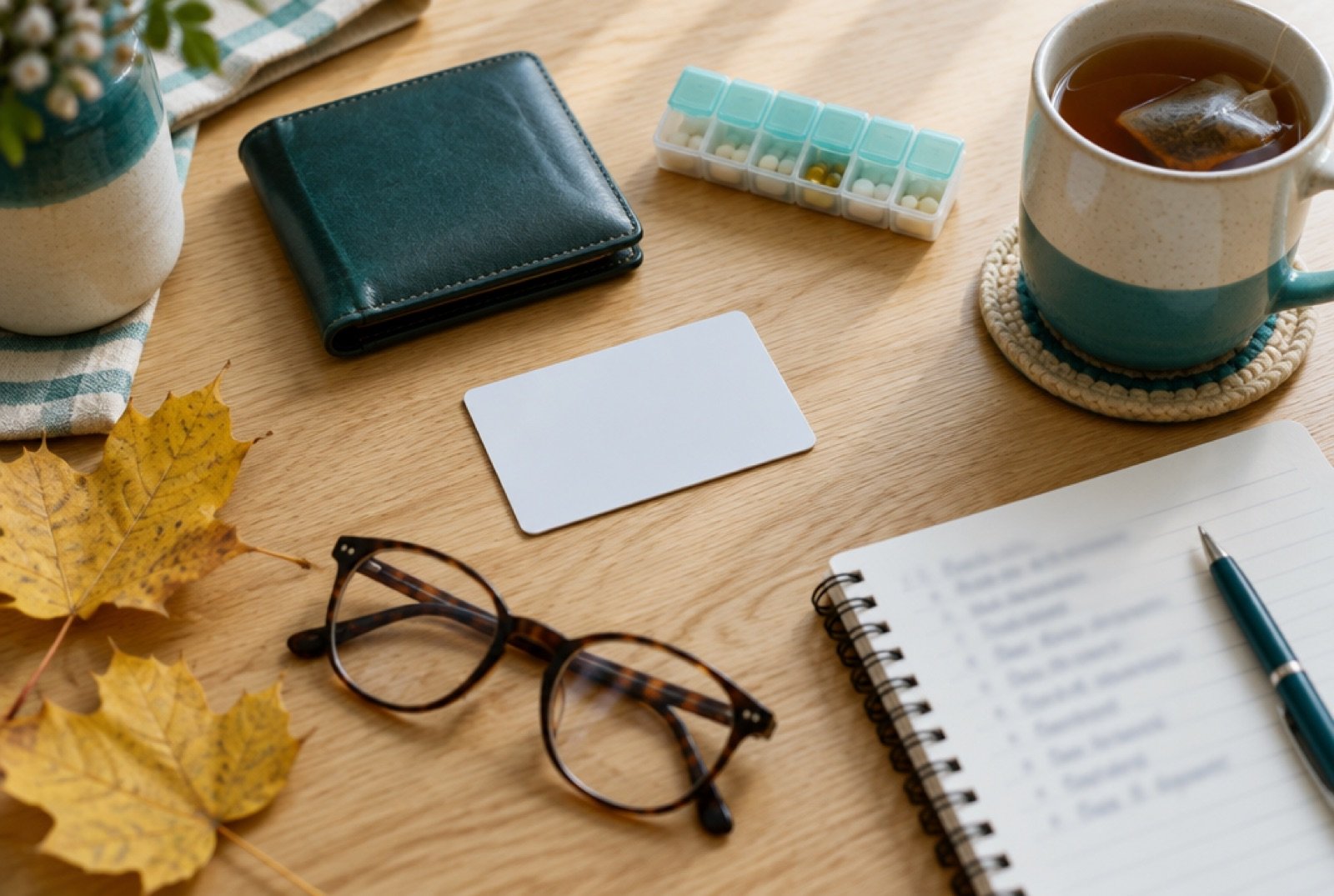 Wallet, insurance card, reading glasses, pill organizer and a handwritten list ready for a dental appointment