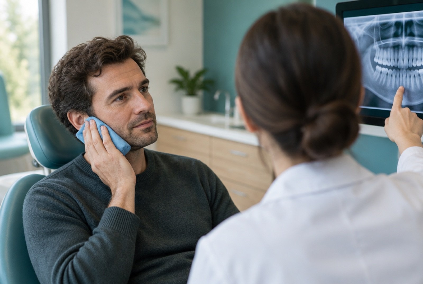 Man holding a cold compress to his cheek while the dentist shows him an X-ray
