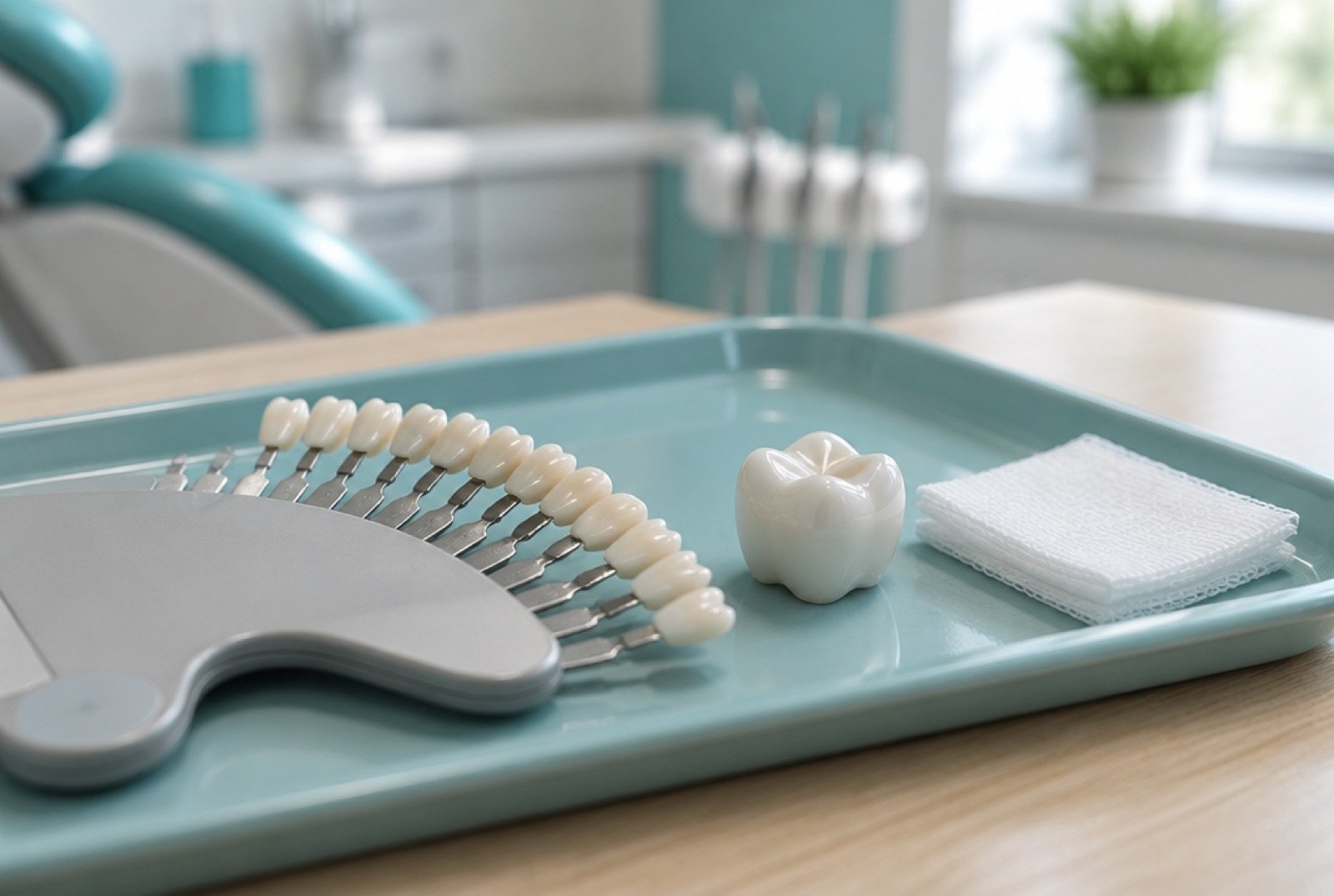 Tooth shade guide and a model crown on a dental tray