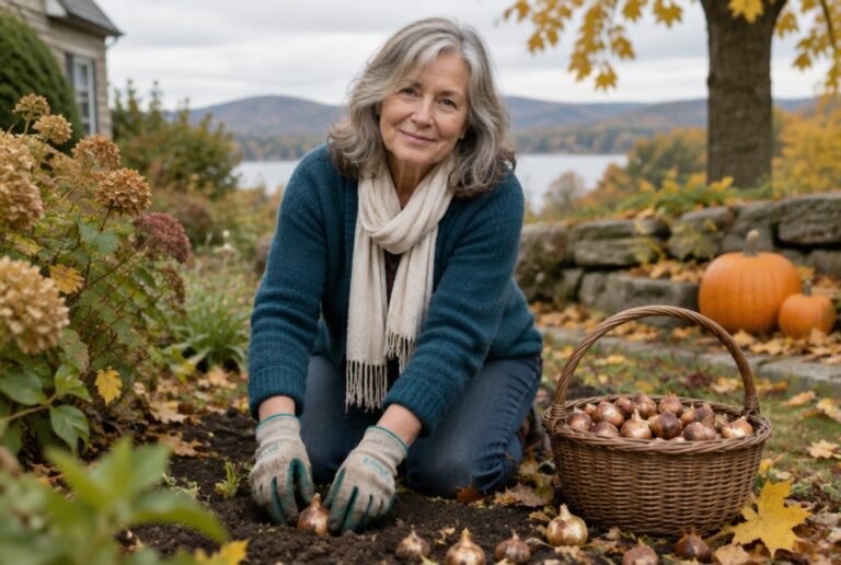 Woman planting tulip bulbs in her autumn garden in the Hudson Valley