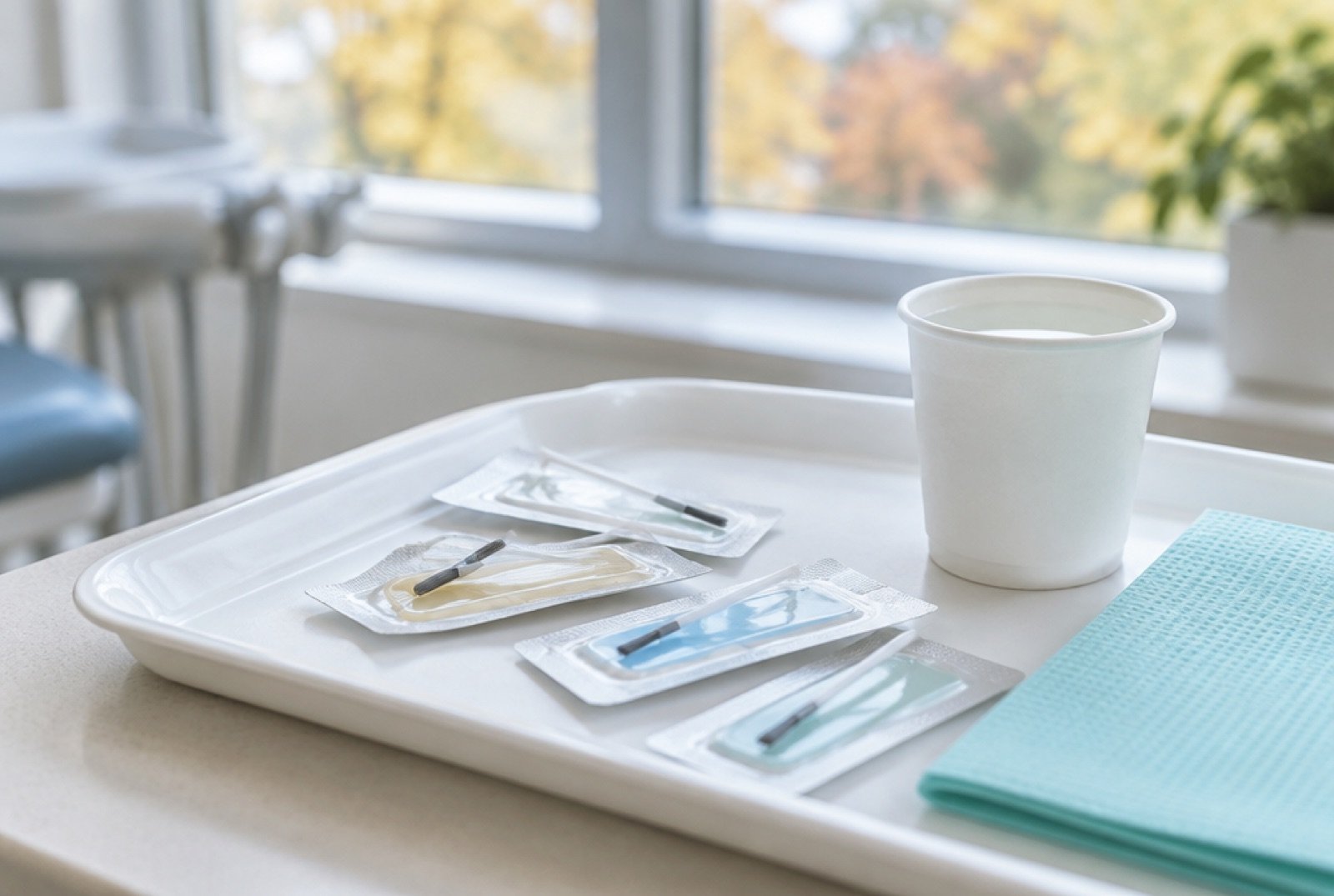 Single-dose fluoride packets with applicator brushes on a tray