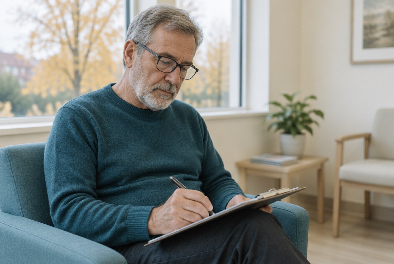 Man filling in a patient form on a clipboard in a dental waiting room