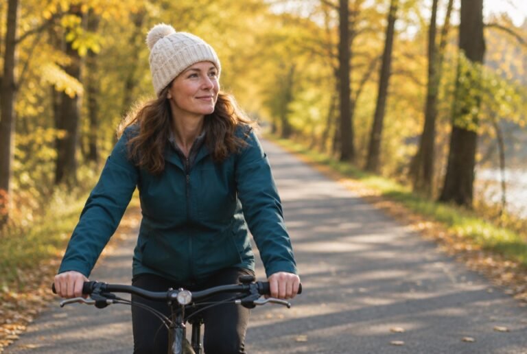 Woman cycling along a rail trail through autumn woods