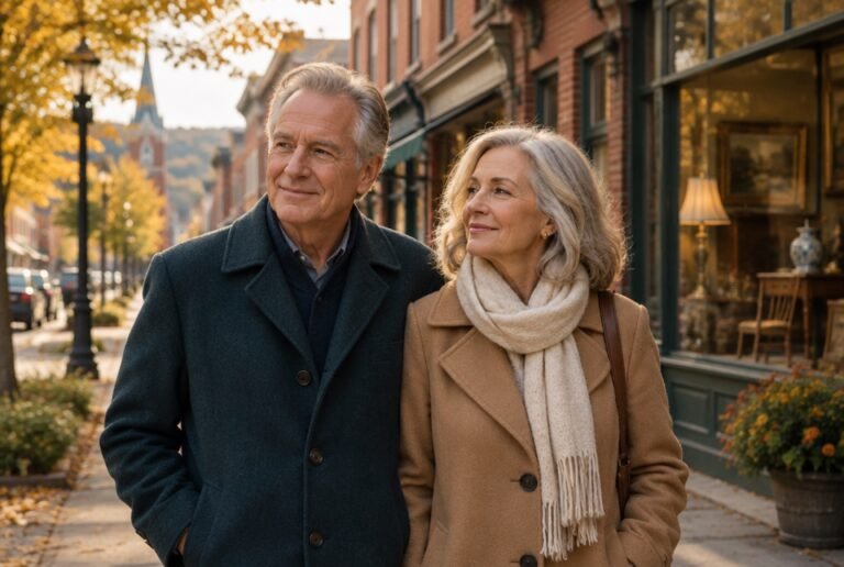Couple walking along a historic brick main street in autumn