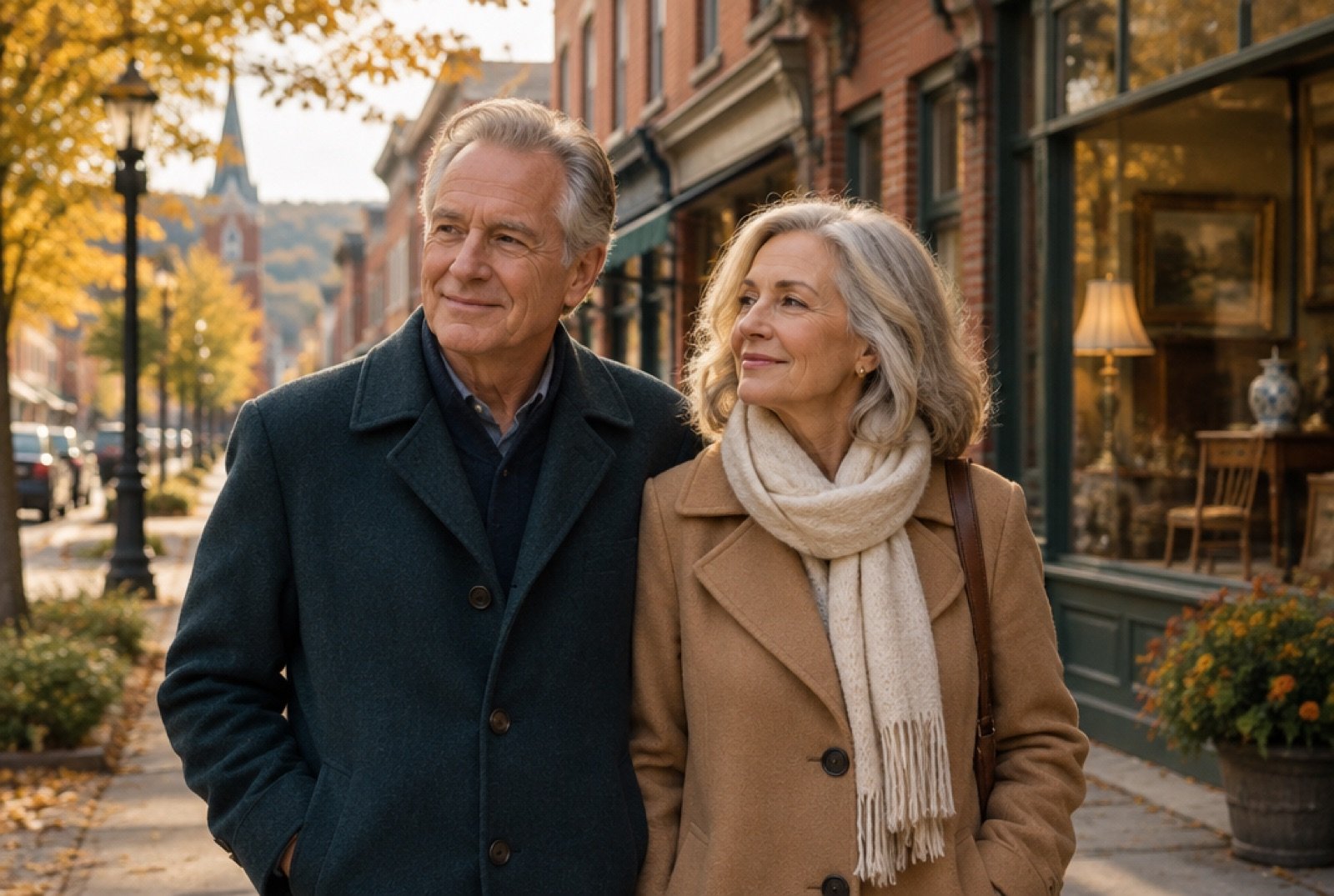 Couple walking along a historic brick main street in autumn