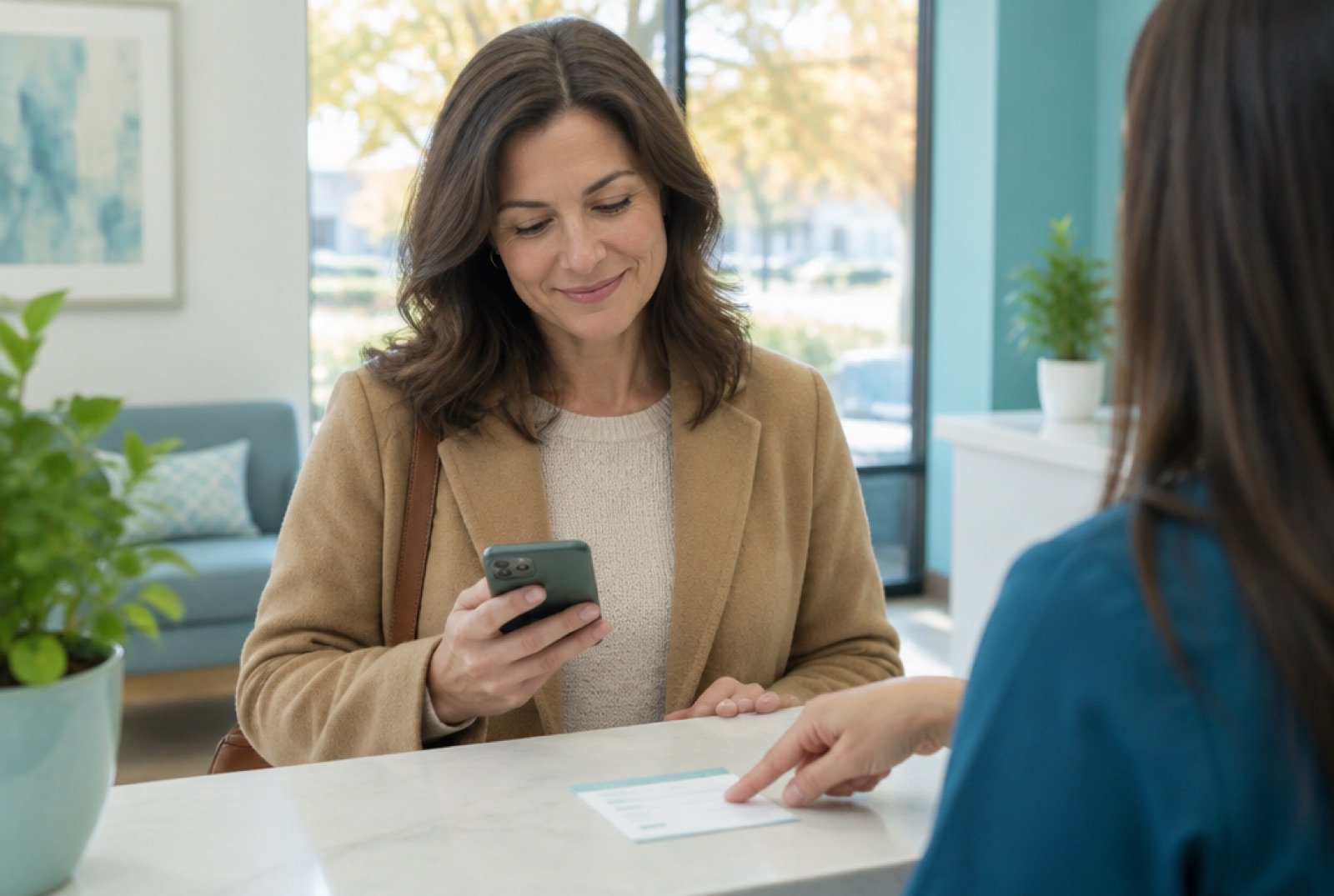 Patient planning her next appointments at the front desk