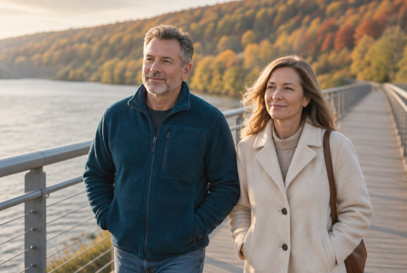 Couple walking across a high footbridge over the Hudson River in autumn