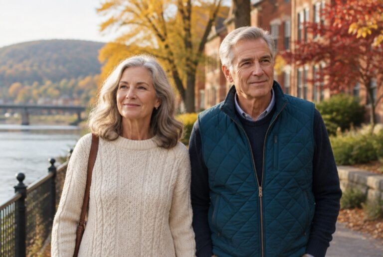 Couple in their sixties walking along a riverside path in a Hudson Valley town in autumn