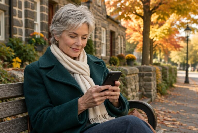 Woman on a bench on an autumn Hudson Valley street reading reviews on her phone