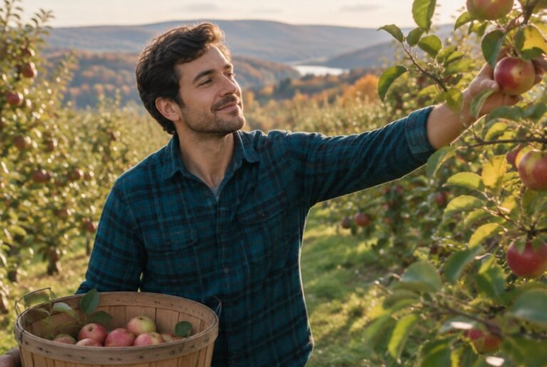 Man picking apples in a Hudson Valley orchard