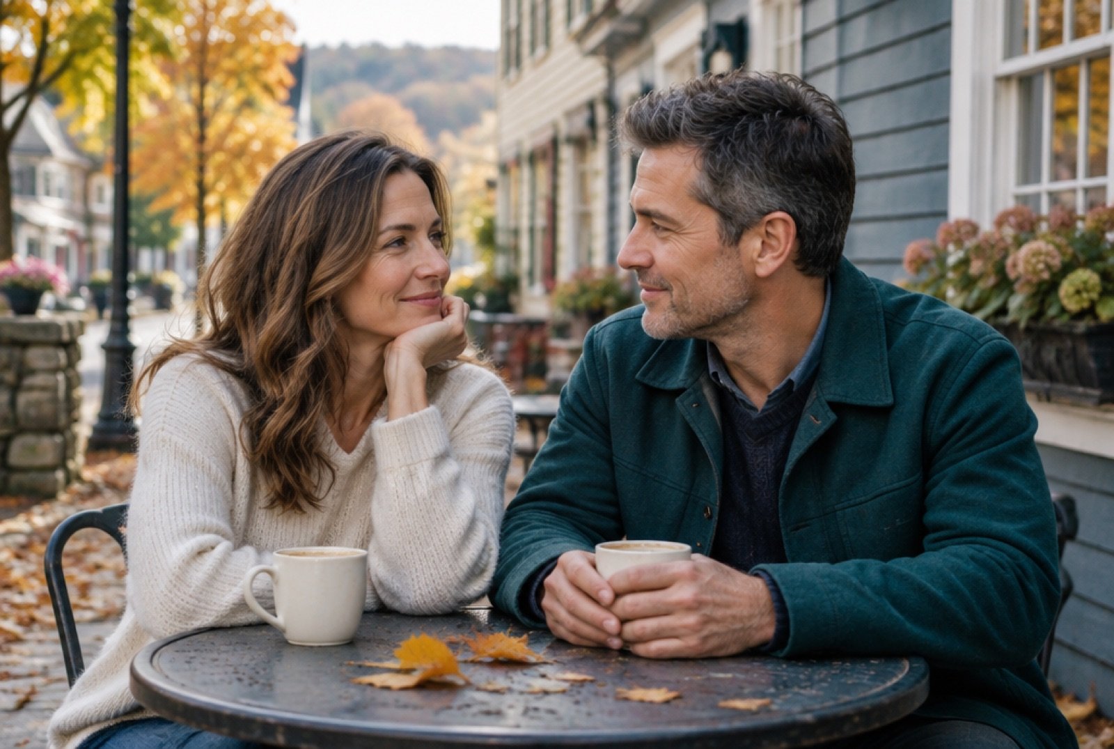 Couple with coffee at an outdoor cafe table in a Hudson Valley village
