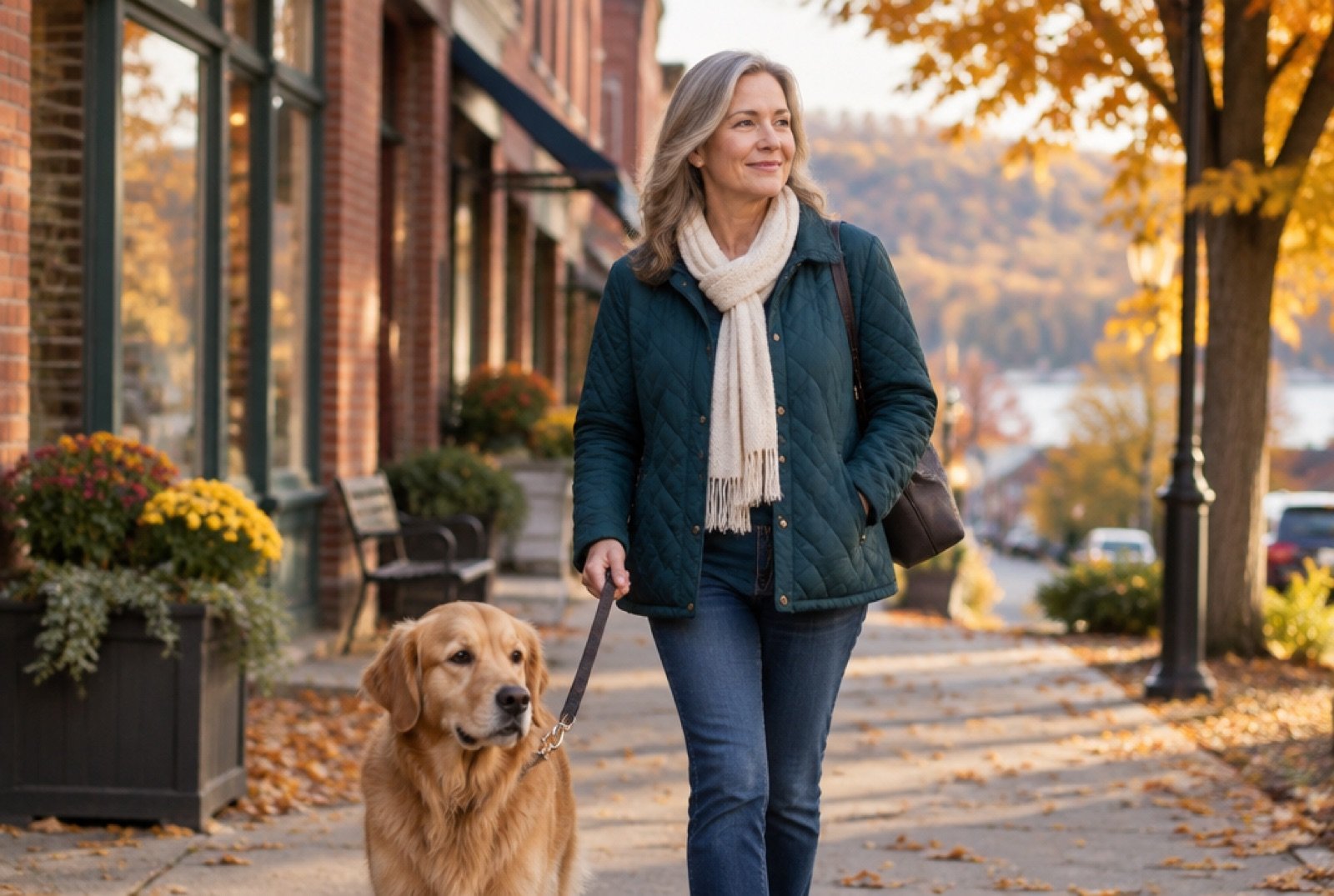 Woman walking her dog along a Hudson Valley village street in autumn