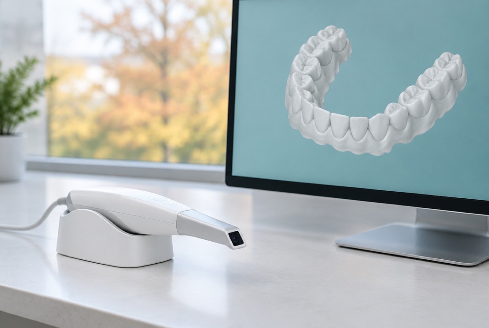 Intraoral scanner wand resting in its holder beside a monitor