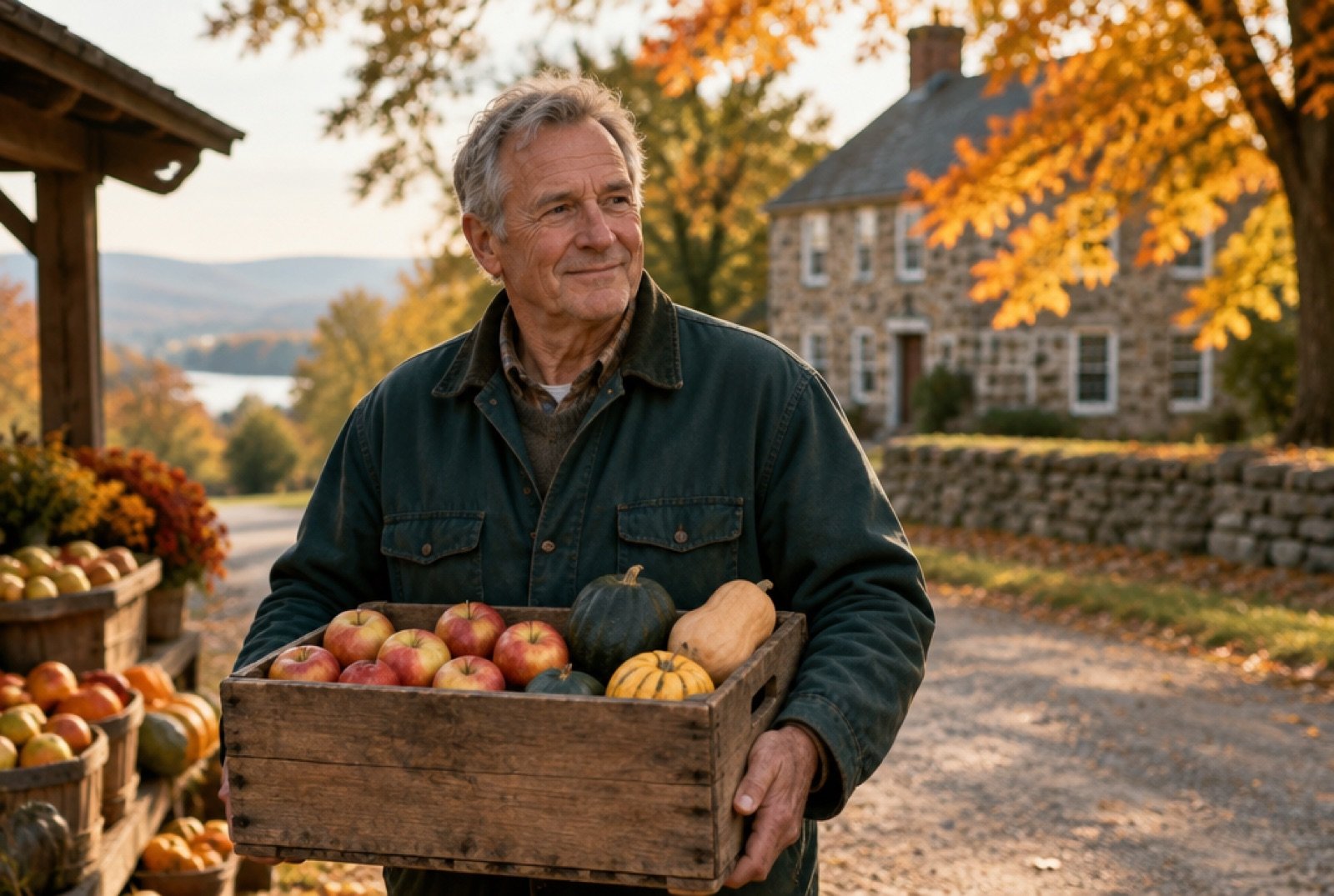 Man carrying a crate of apples past an old fieldstone house in a Hudson Valley hamlet