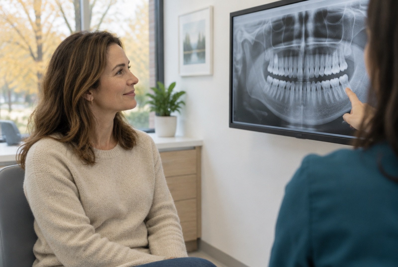 Patient looking at her panoramic dental X-ray on a wall screen in a consultation room