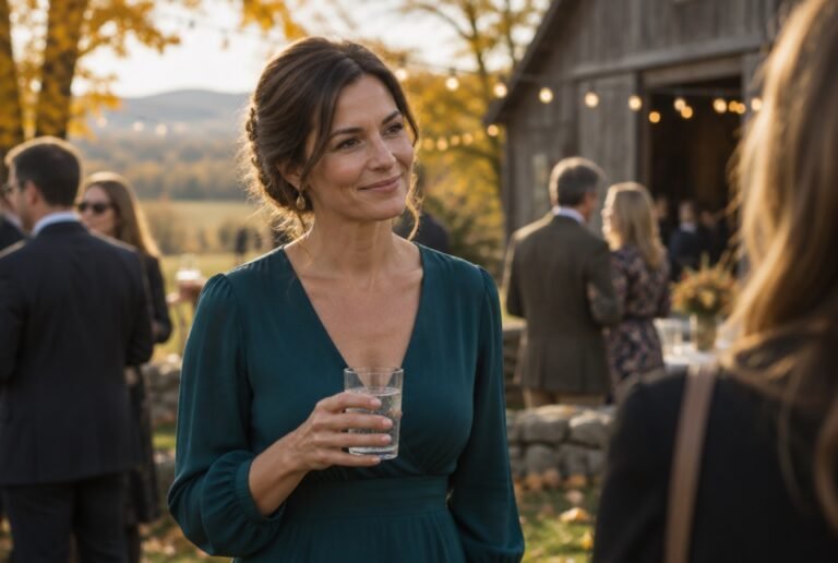Woman smiling at an autumn barn gathering in the Hudson Valley