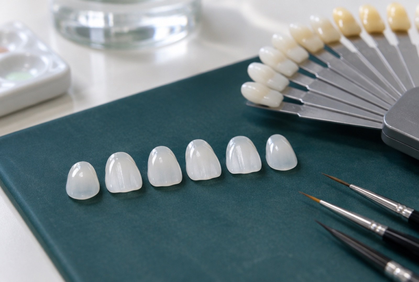 Thin porcelain veneer shells beside a tooth shade guide in a dental lab