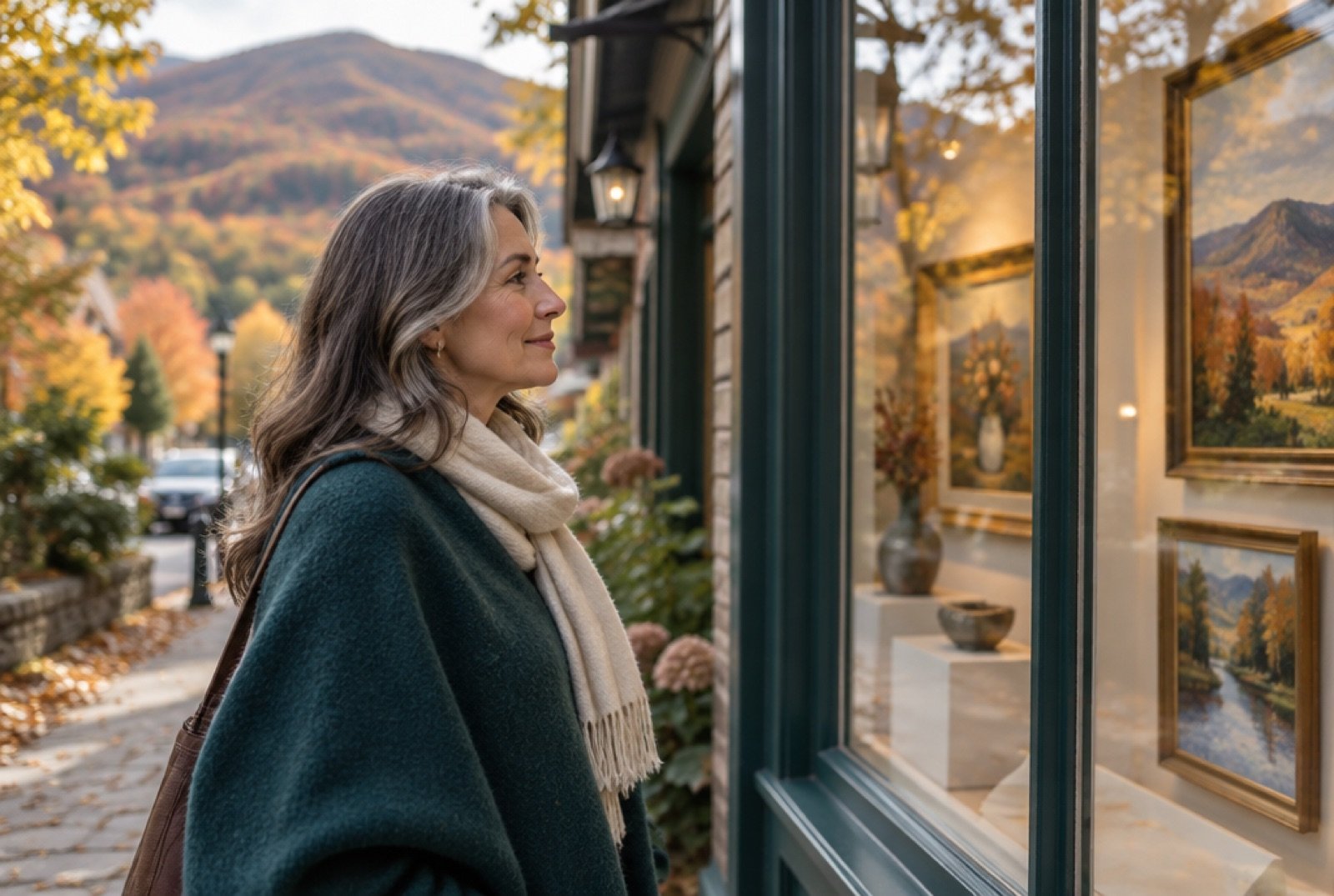 Woman looking into an art gallery window on a leafy village street in the Catskill foothills