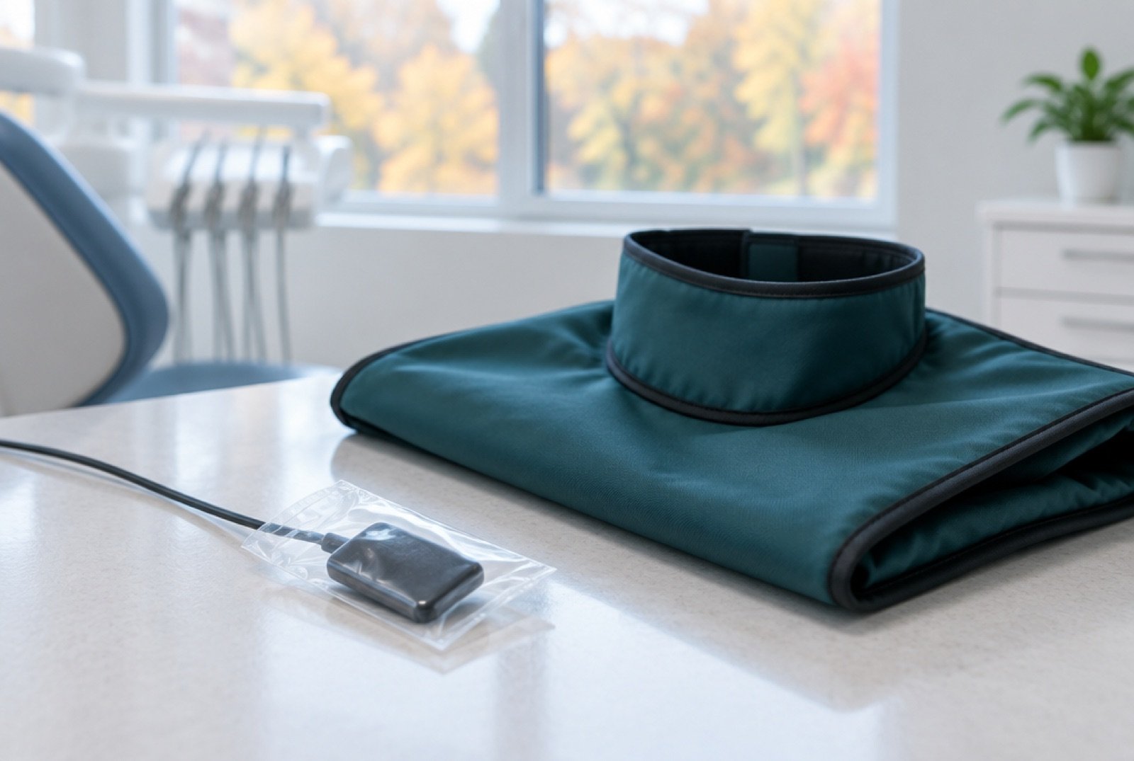 Digital dental X-ray sensor in a disposable sleeve beside a folded lead apron