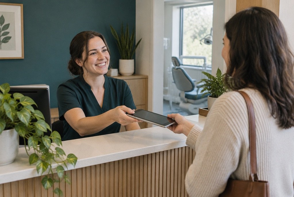 Receptionist welcoming a new patient at the front desk