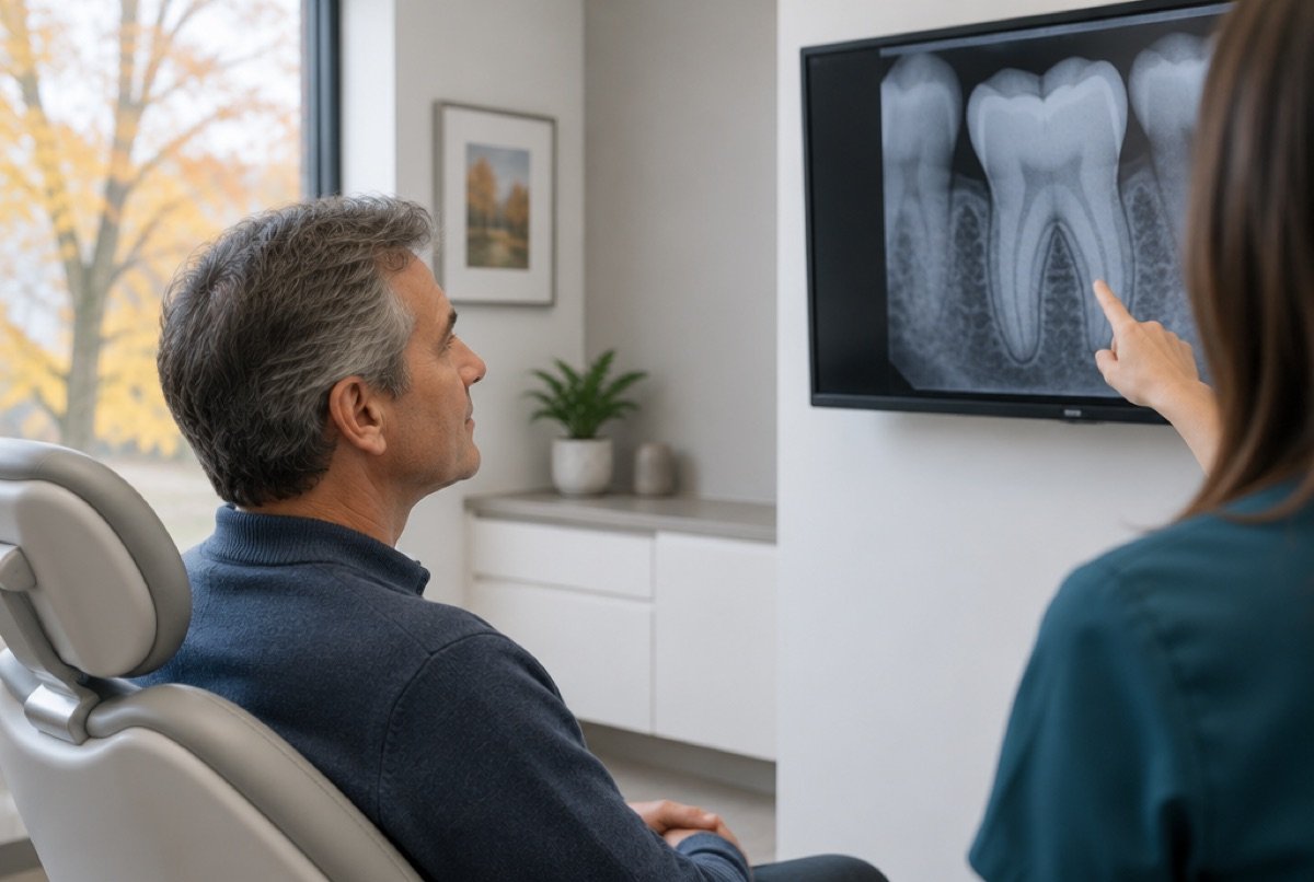 Patient looking at an X-ray of a molar and its roots while it is explained