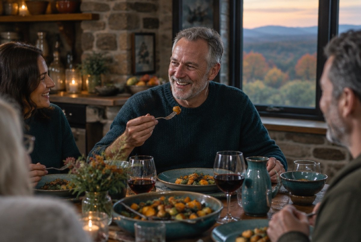 Man laughing and eating with friends at a farmhouse dinner table in autumn